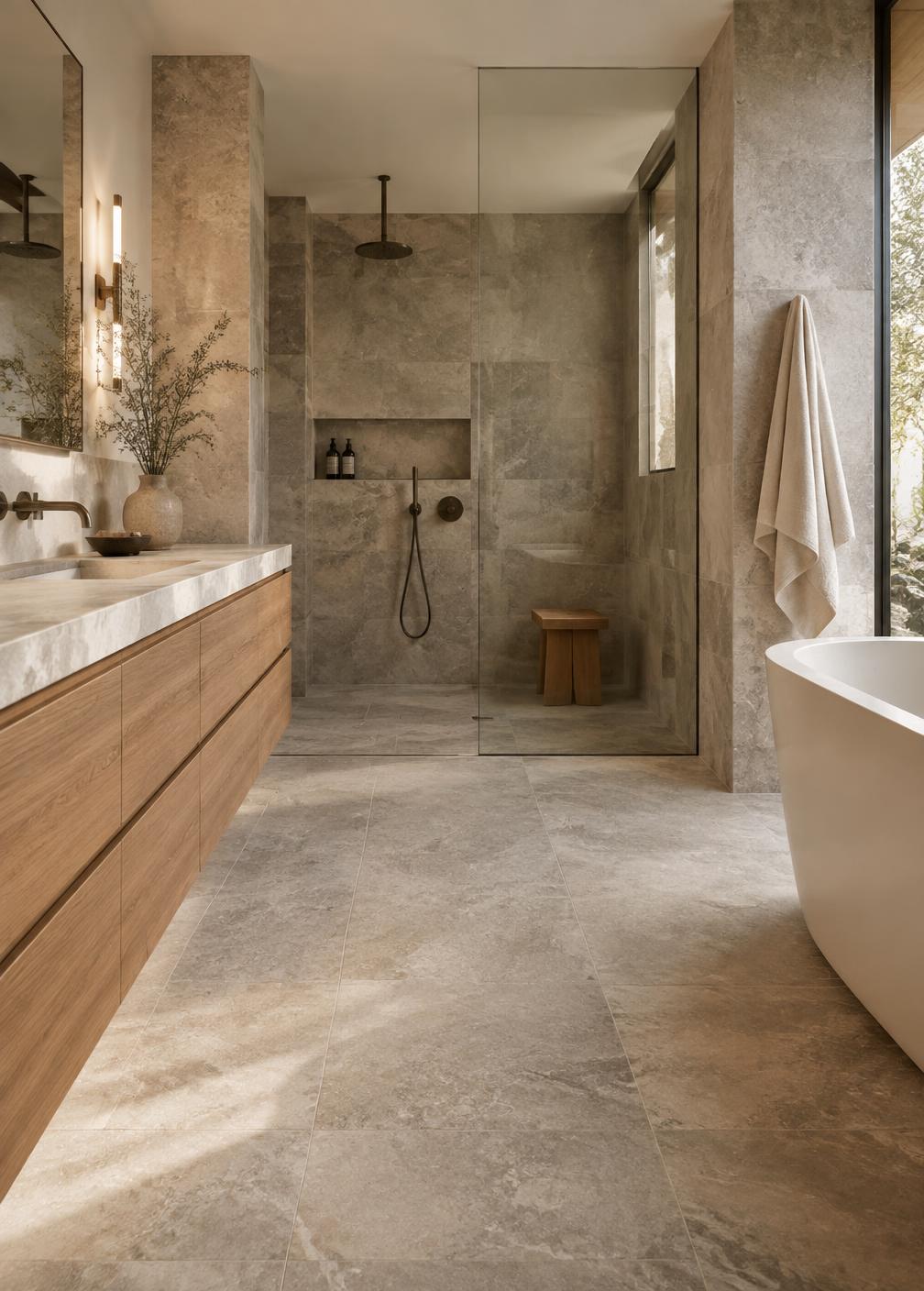 Stone and oak primary bathroom